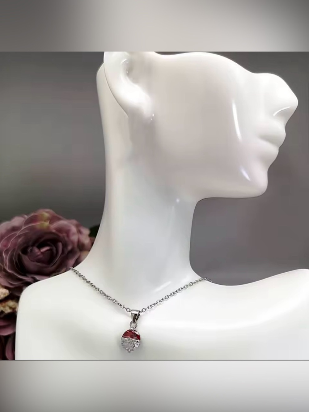 18K White Gold (Rhodium) Unisex Pokemon Pokeball Statement Gemstone Necklace - Picture 5 of 6